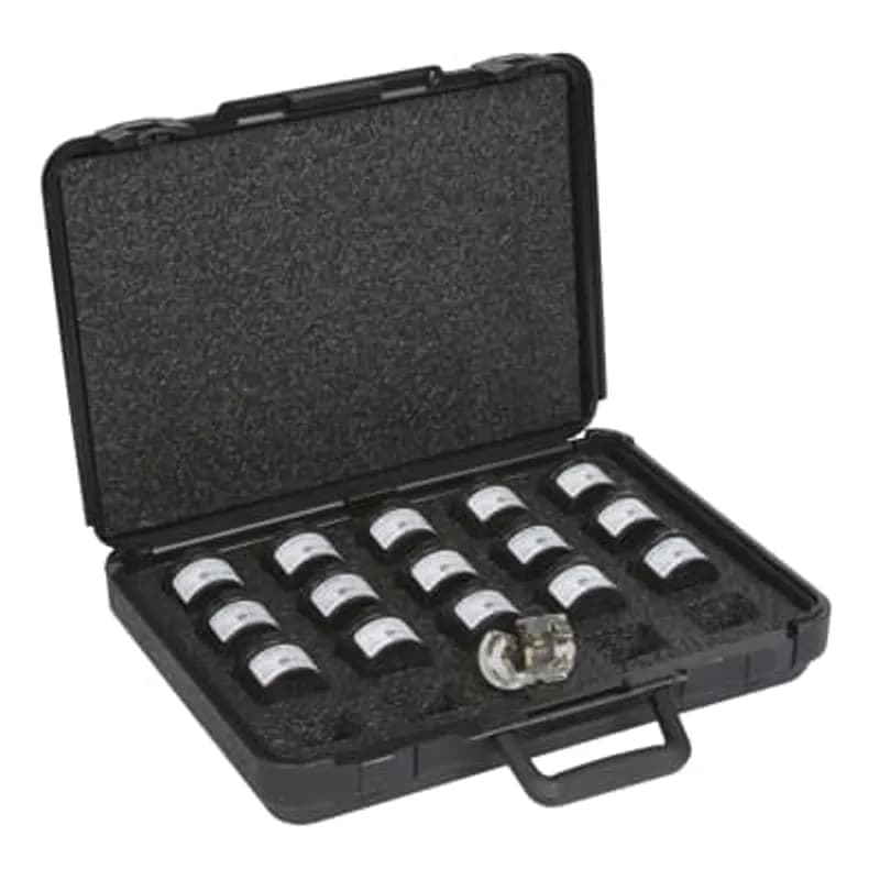 ABB - Installation Products 15500SS-KHF - 14 Ton Stainless Steel Hex Flex Die Kit (1/0 to 600 kcmil) for TBM12P, TBM14, and TBM15 Series Hydraulic Tools - Dies Include 42X (Pink), 45X (Black), 50X (Orange), 54X (Purple), 62X (Yellow), 66X (White), 71X (Red), 76X (Blue), 80X (No Color), 87X (Brown), 94X (Green), and Indentor Die 15500XSS in Plastic Case.