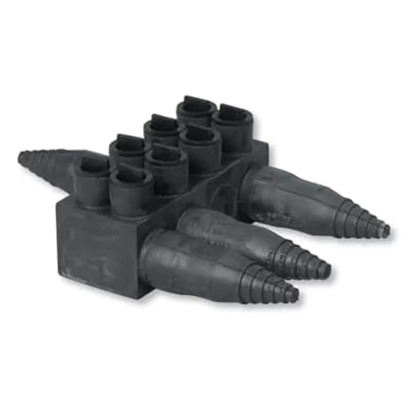ABB - Installation Products RXM 42 - Aluminum Flood-Seal Multi-Port Connectors - RMX Series, Insulated - EPDM Rubber Coated, Wire Range #2 - 1000 kcmil AL-CU. Custom Order, length 10-7/8 inch, outlets 6. Includes (12) Screws, (12) Black Plugs, (6) Caps with Liners. 4 Outlets on one side and 2 Outlets on other side in a 1-1-2-1-1 arrangement.
