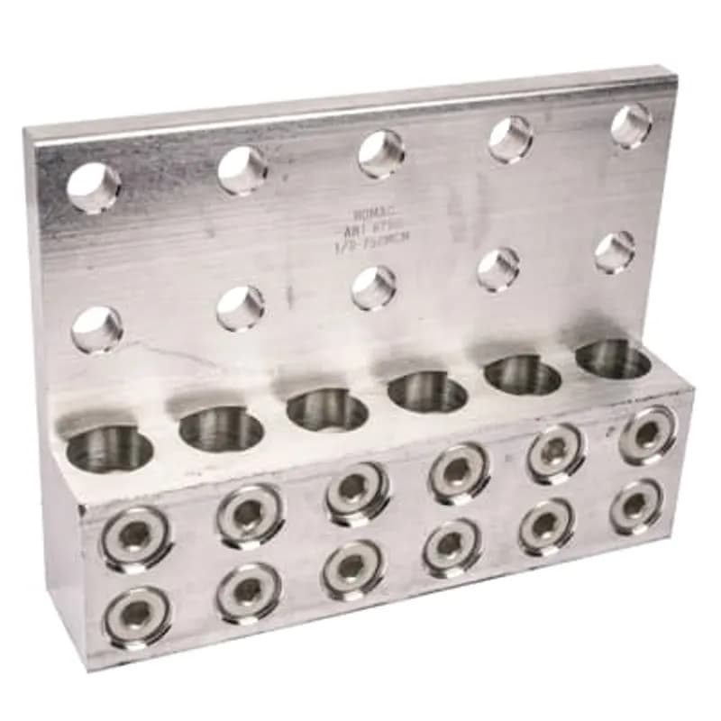 ABB - Installation Products ABT 6750 - Aluminum Transformer Spade Connectors - ABT Double Set Screws Series, conductor range 1/0-750, length 8-1/4 in, mounting holes 10, outlets 6