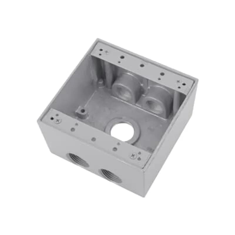 Two Gang Deep Universal Weatherproof Box, 31.8 Cubic Inches, Hub Size 1 Inch, Silver, Aluminum, 7 Outlets (2-Sides) with 2 on Top and Bottom and 1 on Both Sides, and Back