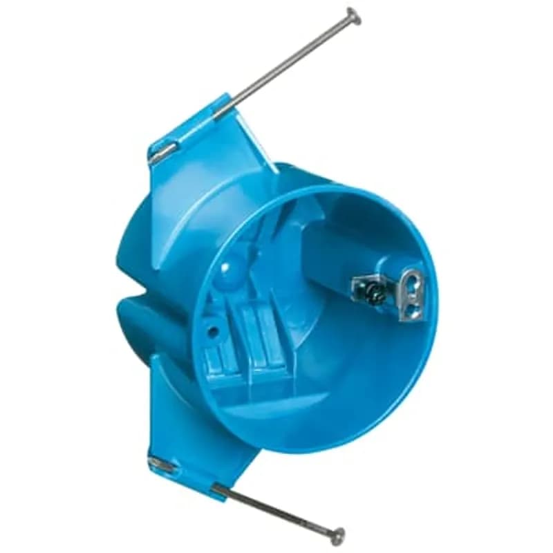 Ceiling Box, Volume 18 Cubic Inches, Diameter 3 Inches, Depth 2-3/4 Inches, Color Blue, Material Polycarbonate, Mounting Means Captive Nails, with Ground Screw Attached