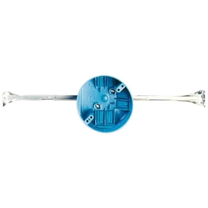 Round Ceiling Box, Volume 20 Cubic Inches, Diameter 4 Inches, Depth 2-1/4 Inches, Color Blue, Material Polycarbonate, Mounting Means 11-1/2 Inches - 14-1/2 Inches Adjustable Bar Hanger