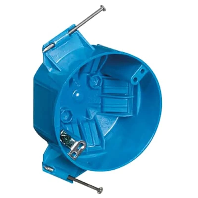 Ceiling Box, Volume 20 Cubic Inches, Diameter 4 Inches, Depth 2-1/4 Inches, Color Blue, Material Polycarbonate, Mounting Means Captive Nails, with Ground Lug and Screw Attached