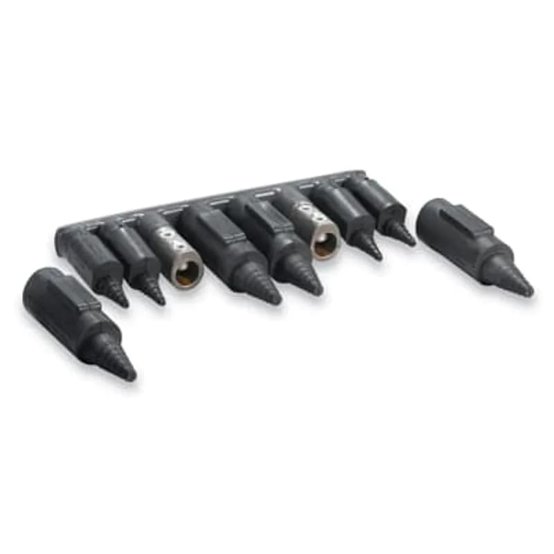 ABB - Installation Products UH 1000-235 R - SweetHeart Aluminum Bus Connector, Feeder #2 - 1000 kcmil, Tap #6 - 350 kcmil, Three Conductor, 6 inch wide. Black PVC Coating. (1) 2-Hole Tower tapped 7/8-14 UNF-2B and (2) 1-Hole Towers tapped 11/16-16 UNS-2B. Includes Screws and (1) Long and (2) Short Rockets.