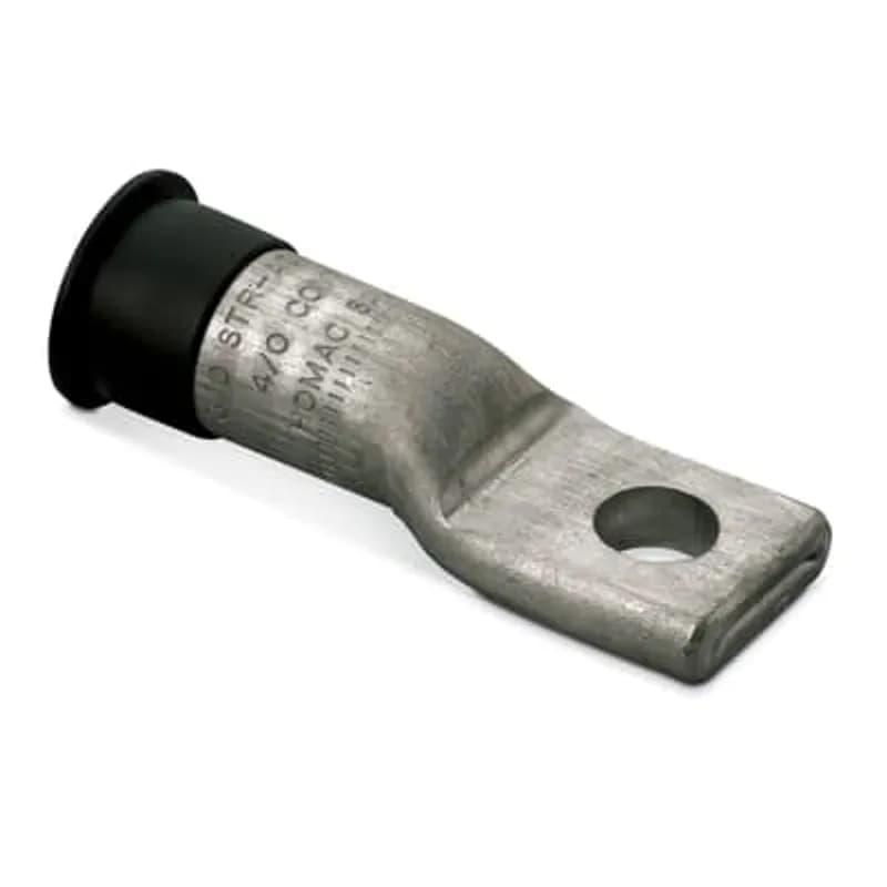 ABB - Installation Products SA 386-48 - Aluminum One-Hole Lugs - Wire Range 1 Stranded, 1/0 Compressed Compact, Installing dies 22, 5/8, BG, 243. Length 3-1/8 inch. Pad 7/8 inch wide x 1-5/16 inch long x 13/64 inch thick. (1) 17/32 inch diameter hole. Barrel 1-5/16 inch. Oxide Inhibitor. Yellow Cap. Dual Rated for Aluminum and Copper Conductors