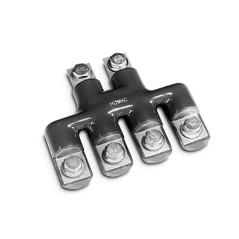 ABB - Installation Products FST 125 - Aluminum Flood-Seal 125 Series Connectors - Service Entrance Connectors, #12 to 500 kcmil, Black EPDM Rubber Insulated, two-way configuration, outlets 3, T Type. 6.041 inch wide x 3.748 inch tall. Includes 3 Screws