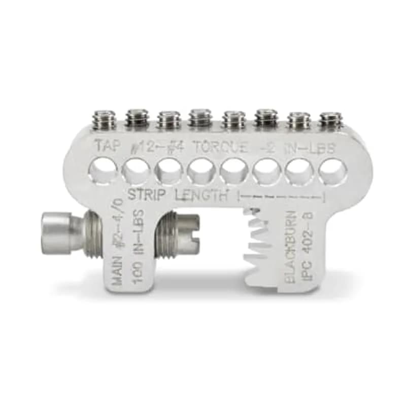ABB - Installation Products IPC 402-8 - Tin-Plated Aluminum, Insulation Piercing Connector, Main #2-4/0, Main Torque 100 Inch/Pounds, Tap #12-#4. Tap Torque 42 Inch/Pounds . 2.958 inch long X .750 inch wide X 1.562 inch Depth. Machined. Has 1/2-20 UNF-2B Thru Threaded hole, with (8) Taps and (1) Main Socket Head Cup Point Set Screws. Under 1000 Volts. Insulation Piercing - Has Teeth.