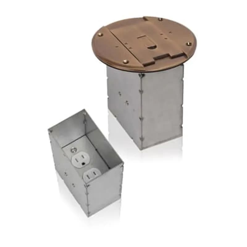 Recessed Floor Box, Volume 29 Cubic Inches, Diameter 6.05 Inches, Depth 6.048 Inches, Knockout Size 1/2 Inch, Finish Brass, Material Galvanized Steel