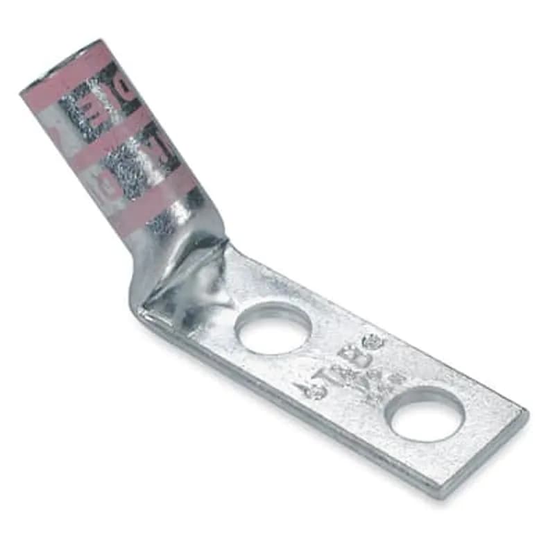 Copper Two-Hole Lug, 45 Degree Bend Long Barrel, Peep Hole, Max 35kV, Wire Size 700 kcmil, 1/2 Inch Bolt Size, 1-3/4 Inch Hole Spacing, Tin Plated, Die Code 42, Die Color Code Pink