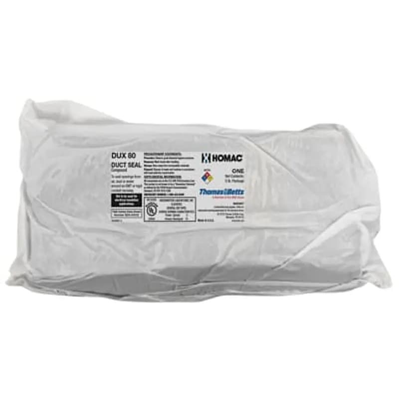 ABB - Installation Products DUX 80 - Duct Seal Compound - 5 pounds (80 oz.) Slab. Used to Seal Openings from Air, Dust or Water around an EMT or Rigid Conduit Raceway. UL R13335. Not to be used for Electrical Insulation Applications. Gray Colored, Putty-type Material.