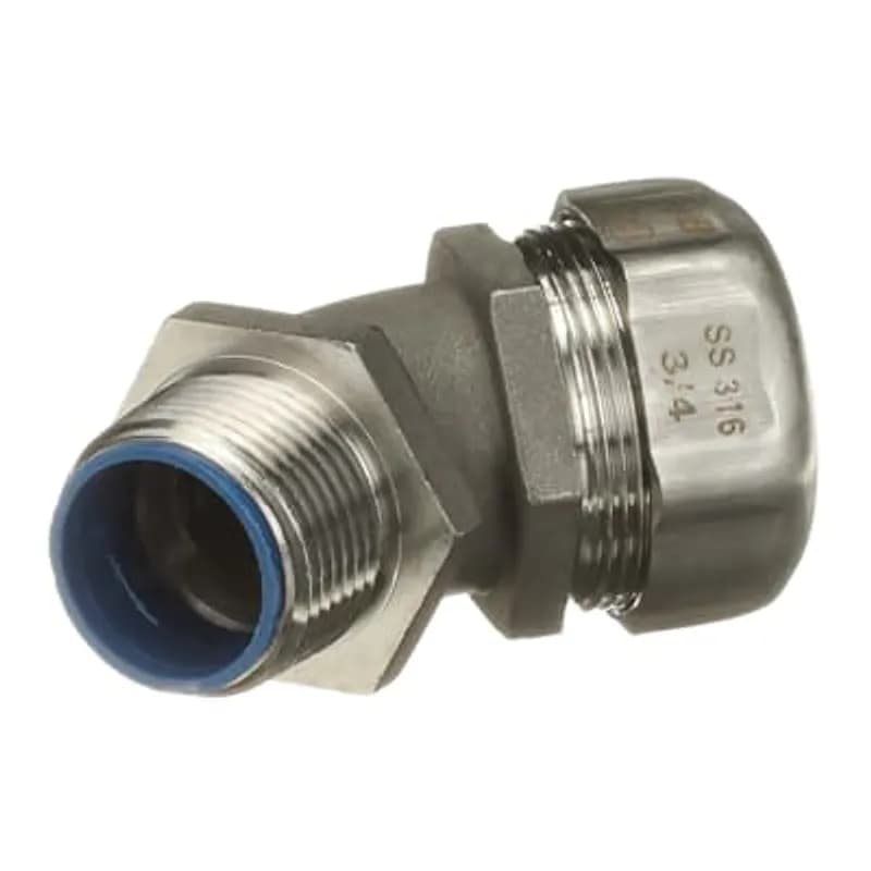 ABB - Installation Products 5343SST6 - 3/4 Inch Liquidtight Fitting for Flexible Metallic Conduit, 45 Degree, UL/CSA Listed, High UV Resistance, NEMA Ratings: 3, 3R, 4, 4X, Length 2.70 Inches/68.58mm, Width 1.64 Inches/41.66mm, Height 2.10 Inches/53.34mm, Temperature Range 0 to 105 Degrees C, 316 Stainless Steel with Duraplated Ground Cone