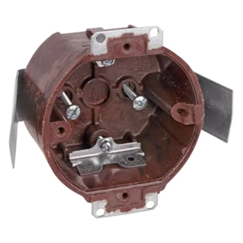 Round Ceiling/Fixture Outlet Box, Volume 14.0 Inches, Diameter 3-1/2 Inches, Depth 2-1/8 Inches, Color Brown, Material Phenolic, Mounting Means #9 Snap-In Bracket, with High Clamps