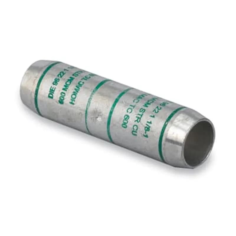 ABB - Installation Products PTC 1000 R 750 - Tin Plated Copper Tapered Compression Reducing Splices - solid center oil stop, wire size 1000 kcmil CU to 750 kcmil CU. Installing Dies 27, P44PR. Length 6 inch. Barrel Length 2-7/8 inch. White Ink on 1000 kcmil End, Black Ink on 750 kcmil End. Unmarked except for Ink Bands.