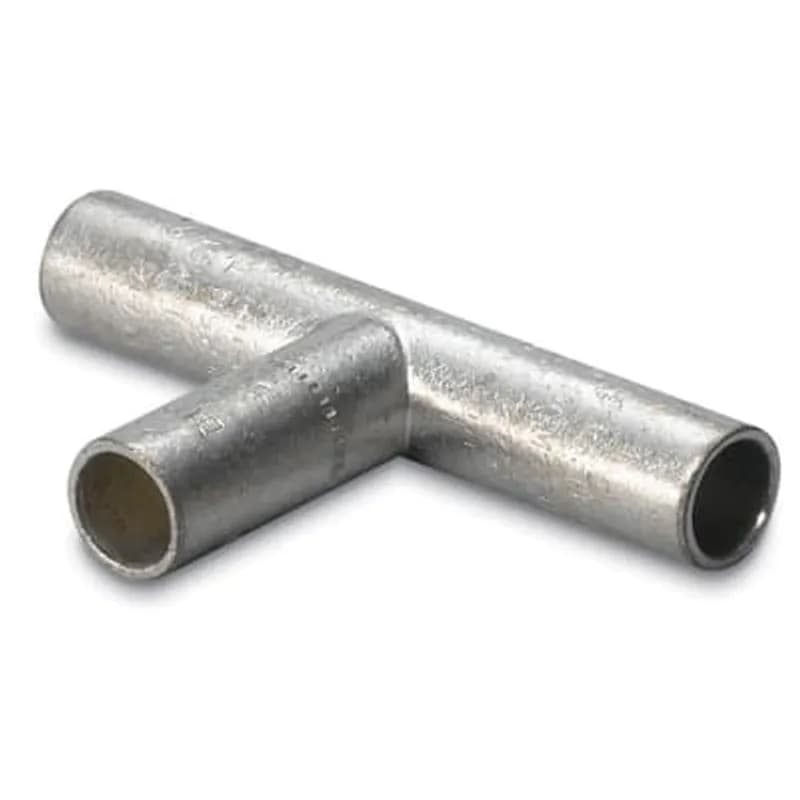 ABB - Installation Products 4/0 T 500 - Tin Plated Copper Compression Tee, Main 4/0 Stranded Copper, Tap 500 kcmil Copper. 4-1/2 inch wide main, Tap 3-1/16 inch. Dies 1 20 TH 87 for 500 kcmil End, Dies 5/8-1 15 54 for 4/0 End. Silver Brazed, Dimpled.