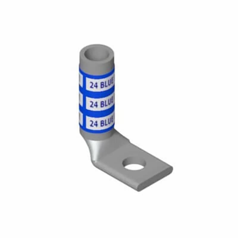 Copper One-Hole Lug, 90 Degree Bend Long Barrel, Blind End, Max 35kV, Wire Size 3/0 AWG, 1/4 Inch Bolt Size, Tin Plated, Die Code 50, Die Color Code Orange