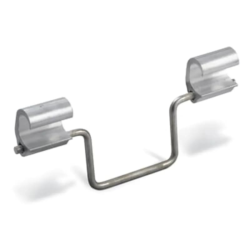 ABB - Installation Products OST 102-6 - Anti-Rotational Compression Hot Line Stirrup - Crank Type - Tin Plated Copper Bail .250 inch Diameter. 16.500 inch long before bends, 6.00 inch Diamond Knurled Center Length x 2.875 inch depth x 2.500 inch arms. (2) Aluminum Connectors with Factory installed Bail/Stirrup. Connector 1.875 inch wide, 1/0-4 ACSR. Die O.