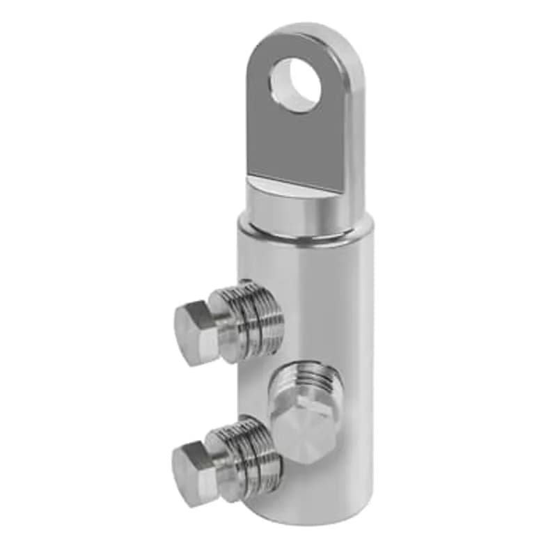 ABB - Installation Products EACT-0750 - 15/35kV, 600-900 Amps, Tin-Plated Aluminum ShearBolt Connector for 350 to 750 kcmil. Barrel Body Diameter 1.65 Inch (42mm), Length 5.83 inch (148mm), 1-Hole Pad Width 1.42 inch (36mm), .5 inch Thick, Hole Diameter 0.689 inch (17.5mm). Includes Three Round Bottom M22 x 1.5 Screws with 3/4 inch Hex Head.