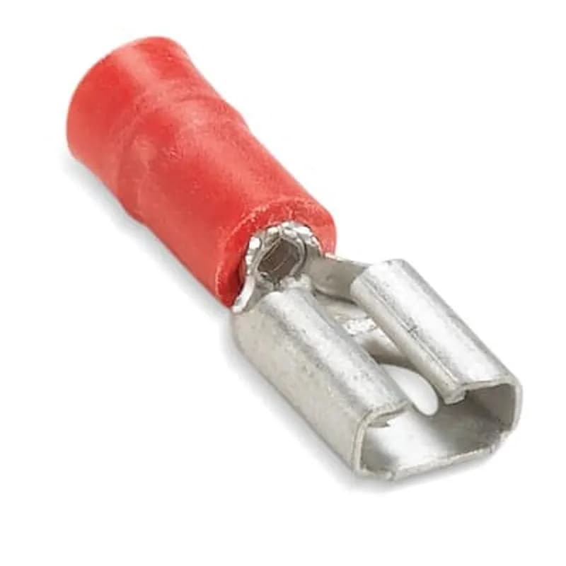 Vinyl-Insulated Female Disconnect, Length .96 Inches, Width .29 Inches, Maximum Insulation .150, Tab Size .250x.032, Wire Range #22-#18 AWG, Color Red, Copper, Tin Plated, on Mylar Tape, Left Feed Reel