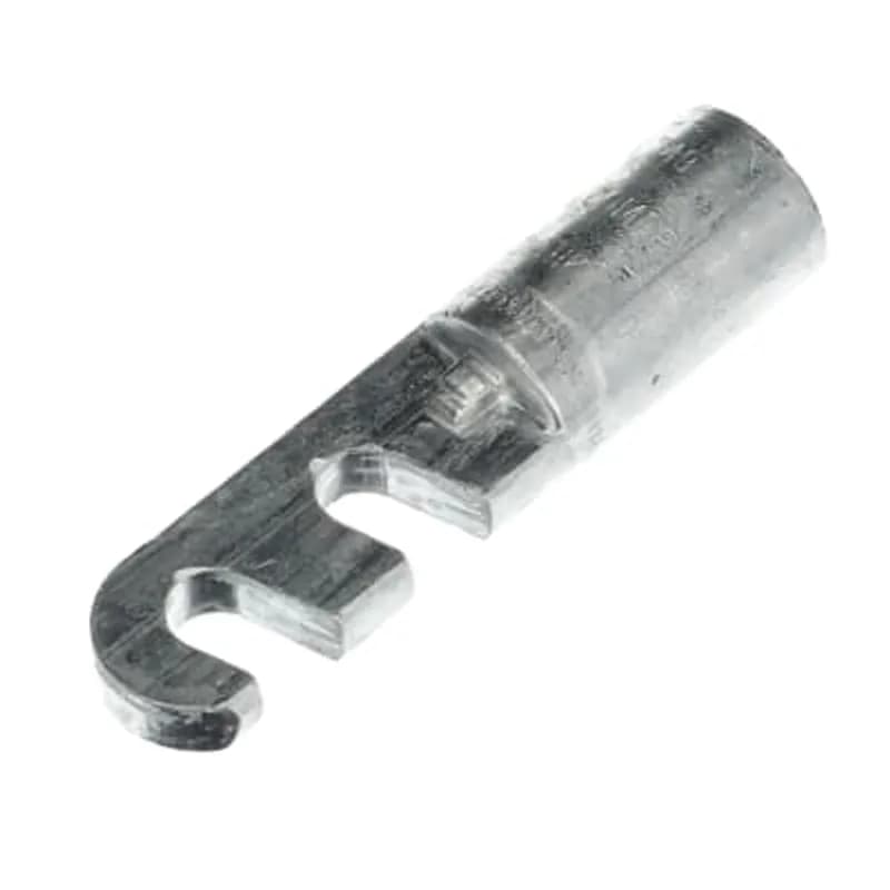 ABB - Installation Products DHK 1/0 - Aluminum Compression Hook (Slotted Tang) Lug - 1/0 Stranded Solid Compressed Compact, Dies TX 76 249 840 11A, 2 Slots .400 inch Wide. Overall Length 3.780 inch, Red Cap. Oxide Inhibitor. For Aluminum and Copper Conductors