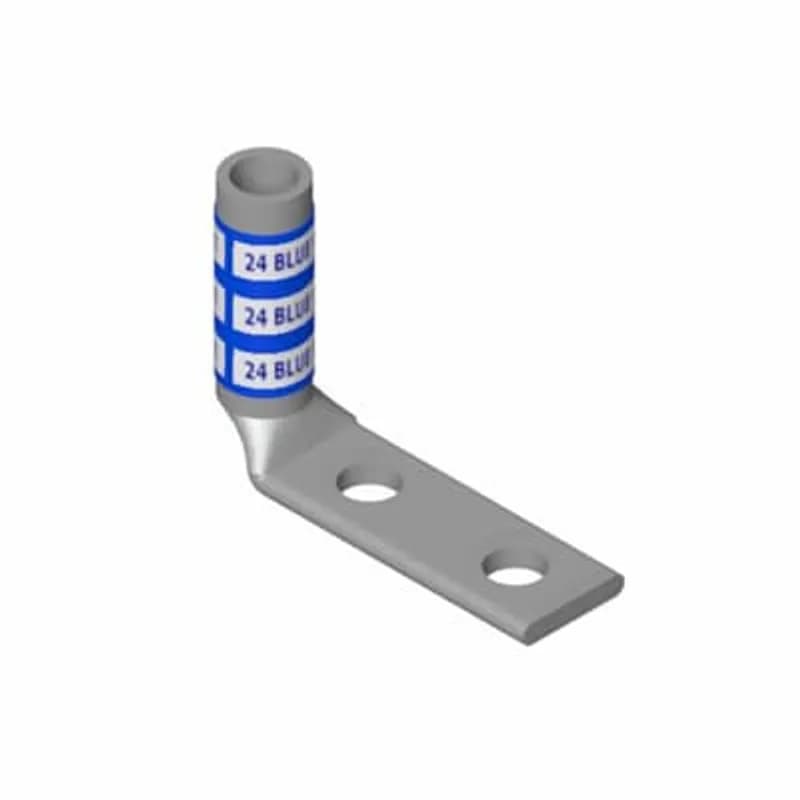 Copper Two-Hole Lug, 90 Degree Bend Long Barrel, Blind End, Max 35kV, Wire Size 14-10 AWG, #12 Stud, 5/8 Inch Hole Spacing, Tin Plated, Die Code ERG4002, Die Color Code Yellow, 2 Crimps Required