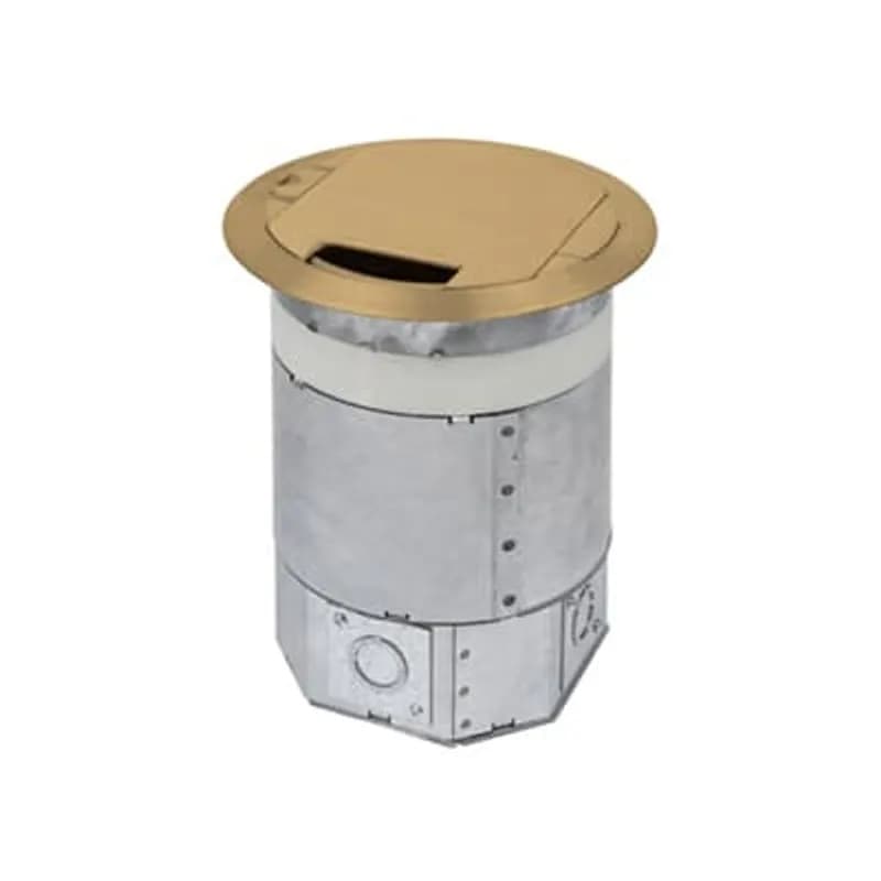 Recessed Five-Gang Poke Through, Cover Diameter 10 Inches, Core Drill Size 8 Inches, Depth 11-3/4 Inches, Knockout Size 3/4 Inch, 1 Inch, 1-1/4 Inch, 1-1/2 Inch, and 2 Inches, Cover Finish Machined, Cover Material Brass, Box Material Steel, Chicago Approved