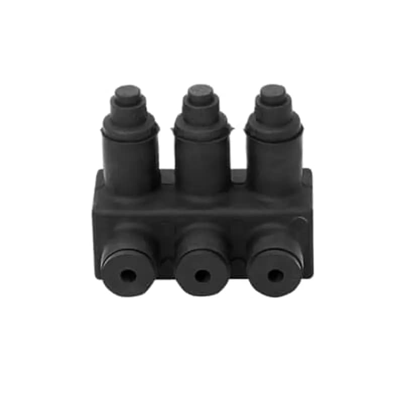 ABB - Installation Products RAB 1/0-3 CU - Flood Seal, Copper Multi-Port Connector, for Wire Size #14 to 1/0, 3 Outlets, less than 1000 Volts. 2-23/64 inch long x 3/4 inch wide x 3.4 inch tall. Three Taps of 7/16-20 UNF-2B. Santoprene/Elastron coated. Includes Three Hex Drive Stainless Steel Set Screws 7/16-20 x 5/8 inch, Three Black Plugs, Three Caps and Instruction Sheet.