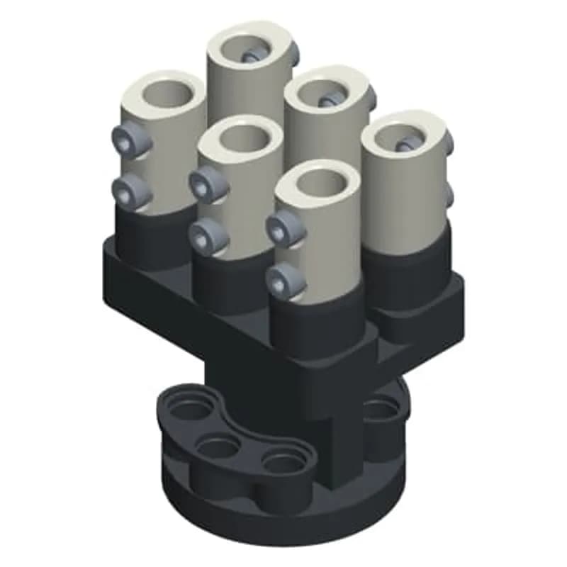 ABB - Installation Products FTVB1000-33CUAWR438 - Tin Plated Copper Network Connector, (6) 1/0 to 1000 kcmil Outlets 4-3/8 inch Bolt Circle with (6) Insulating Rockets. Two Holes per Port - Tapped at 7/8-14 UNF-2B (Two Rows of Three Ports). 10-7/16 inch tall, 7-7/64 x 5 inch wide Port Base attached to 5-1/2 inch Outside Diameter Bolt Circle. Black PVC Coating. Includes (6) Plugs with Tethers, (12) 7/8-14 x 1-5/16 inch Screws, (8) Stainless Steel 10-24 x 1 inch Screws. Silicon Grease.