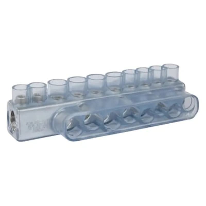 ABB - Installation Products EZC 9320 EC - Aluminum Universal Quick Disconnect Insulated Transformer Connector, Eight Outlets. Accepts 5/8 inch or 1 inch Stud. (4) #6 to 600 kcmil and (4) #12 to 350 kcmil. Measures 10-21/64 x 1-5/8 x 1-3/8 inch. Hardware Includes (4) Tin Plated Aluminum 5/8-18 x 15/16 inch Screws, (4) Tin Plated Aluminum 3/4-16 x 15/16 inch Screws and (2) Tin Plated Aluminum 5/8-18 x 1 inch Screws for Stud. Contains Oxide Inhibitor with Protective Cap included.