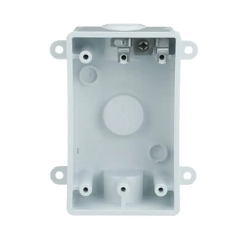 Single gang outdoor PVC box with one 1/2 in. threaded hub on opposite ends. White.