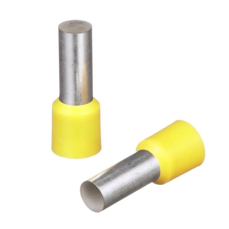 Covered ferrules single wire yellow DIN end sleeve, 4 AWG, 18mm pin length.
