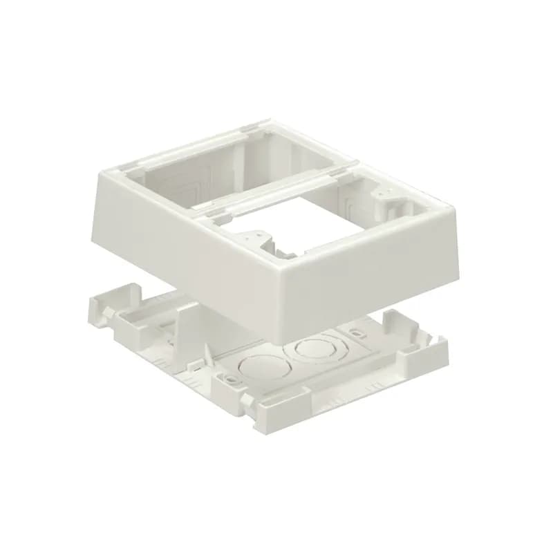 The Fast-Snap Double Gang Power Rated Two-Piece Snap together Outlet Box accepts Pan-Way Snap-On Faceplates. For use with Pan-Way T-45 or LD profile raceway. 5.00"L x 6.14"W x 1.62"H (127.1mm x 155.9mm x 41.1mm). Breakouts for 1/2", 3/4", or 1" diameter conduit, Off White