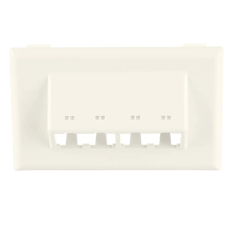 The snap-on horizontal sloped communication faceplate is used with T-70 raceway. Accepts four Panduit Mini-Com Modules (not included). No additional mounting hardware required, White.