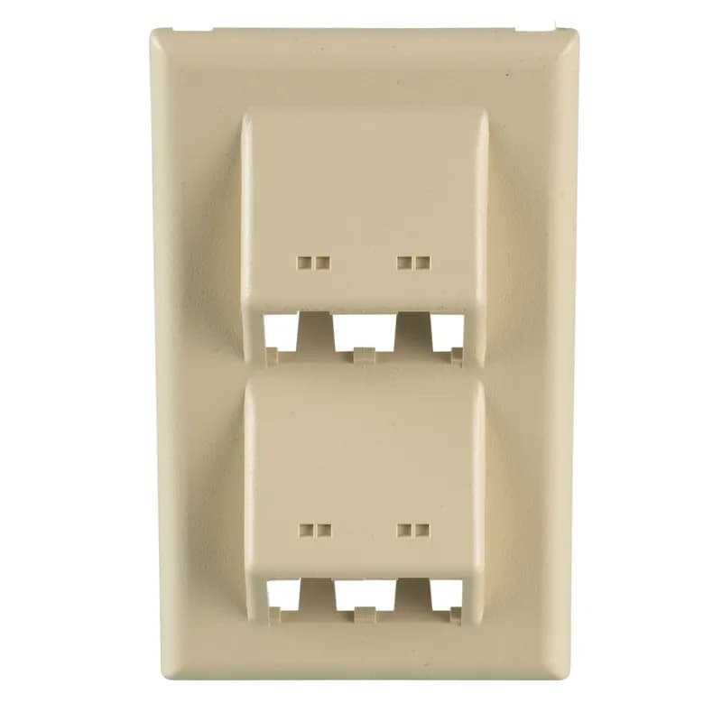 The snap-on vertical sloped communication faceplate is used with T-70 raceway. Accepts four Panduit Mini-Com Modules (not included). No additional mounting hardware required, Electric Ivory.