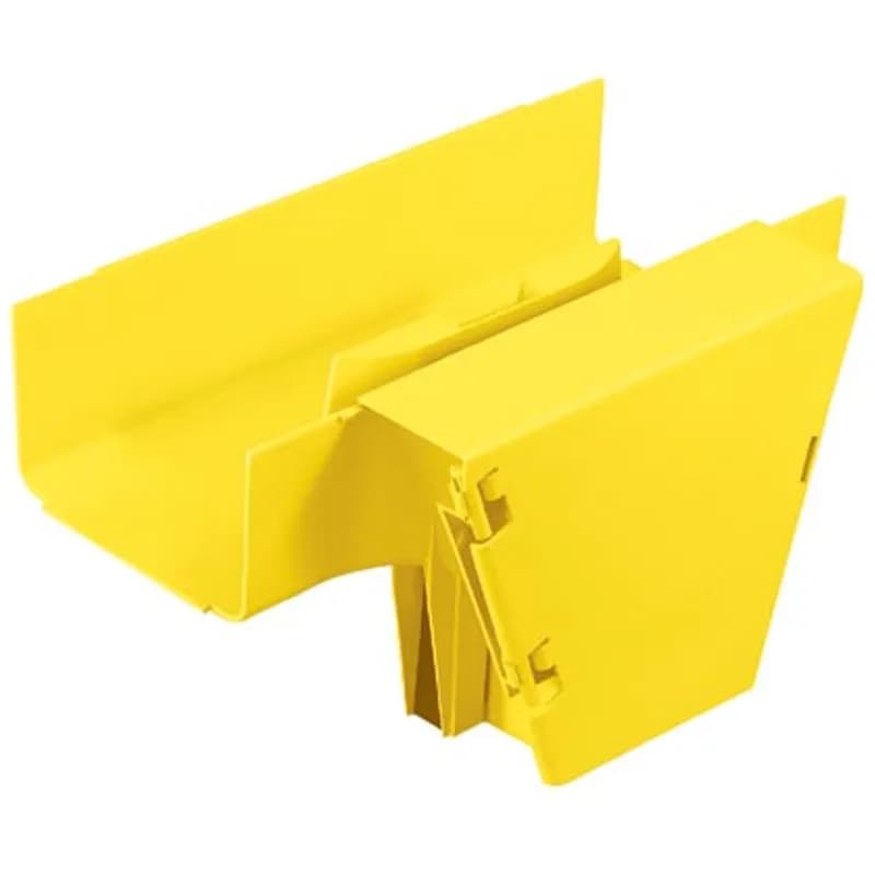 The FiberRunner 6x4 Vertical Tee Fitting attaches to a 6x4 channel and/or fitting to create a 90 vertical drop from a horizontal run. A hinged door is included. The vertical tee fitting requires a coupler to attach a trumpet or 3-port spillout to a vertical exit. It accepts the optional snap-on cover in conjunction with the channel.