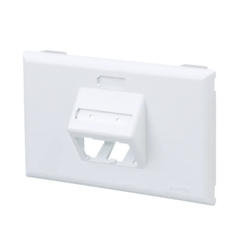 The snap-on horizontal sloped communication faceplate is used with T-70 raceway. Accepts two Panduit Mini-Com Modules (not included). No additional mounting hardware required, White.