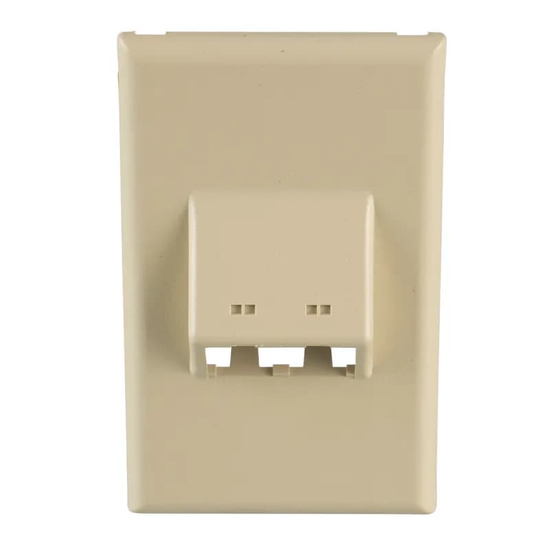 The snap-on vertical sloped communication faceplate is used with T-70 raceway. Accepts two Panduit Mini-Com Modules (not included). No additional mounting hardware required, Electric Ivory.