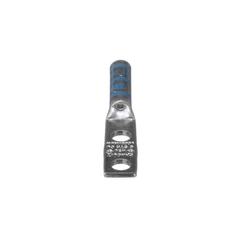 Two-hole, long barrel lug with window, #6 AWG wire, 1/4 stud hole, 75 hole spacing.