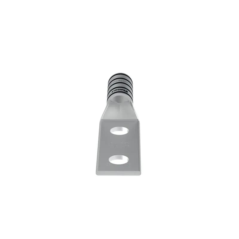 The LCC250-12W-X Tin-Plated Copper Compression Lug, two-hole, long barrel, has color-coded barrels marked with Panduit and specified competitor die index numbers for proper crimp die selection. The long barrel maximizes the number of crimps and provides premium wire pull-out strength and performance. The generously beveled wire entry prevents bent back strands when inserting the conductor into the barrel. UL Listed and CSA Certified.