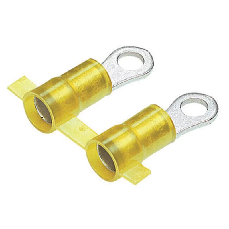 Heavy Duty Ring Terminal, nylon insulated, metal insulation grip sleeve, 16 12 AWG wire range, .05 stock and #10 stud size.