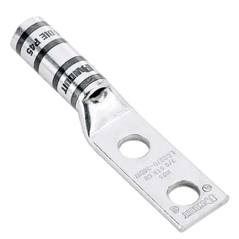 The LCC500-12W-6 Tin-Plated Copper Compression Lug, two-hole, long barrel, has color-coded barrels marked with Panduit and specified competitor die index numbers for proper crimp die selection. The long barrel maximizes the number of crimps and provides premium wire pull-out strength and performance. The generously beveled wire entry prevents bent back strands when inserting the conductor into the barrel. UL Listed and CSA Certified.