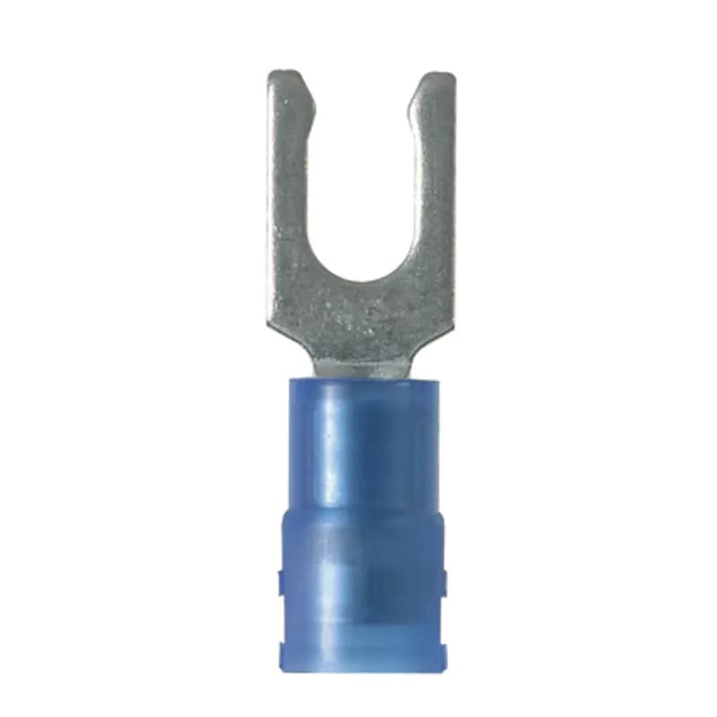 Locking Fork Terminal, nylon insulated, 18 - 14 AWG, #6 stud size, wide tongue.