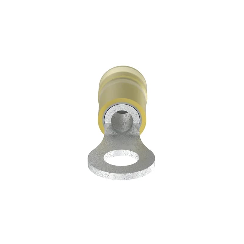 The PN10-10R-D Pan-Term Terminal is a nylon insulated, ring terminal. The metal insulation grip sleeve crimps to wire insulation, providing protection and strain relief to the crimp joint for high vibration applications. Internal barrel serrations assure good wire contact and maximum tensile strength.