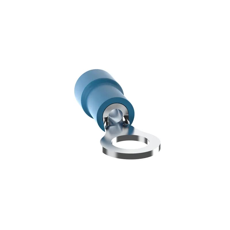 The PV14-10R-M Pan-Term Terminal is a vinyl insulated, ring terminal. Brazed seam protects terminal barrel from splitting during the crimp process. Internal barrel serrations assure good wire contact and maximum tensile strength. Extented barrel insulation provides protection and strain relief when crimped.