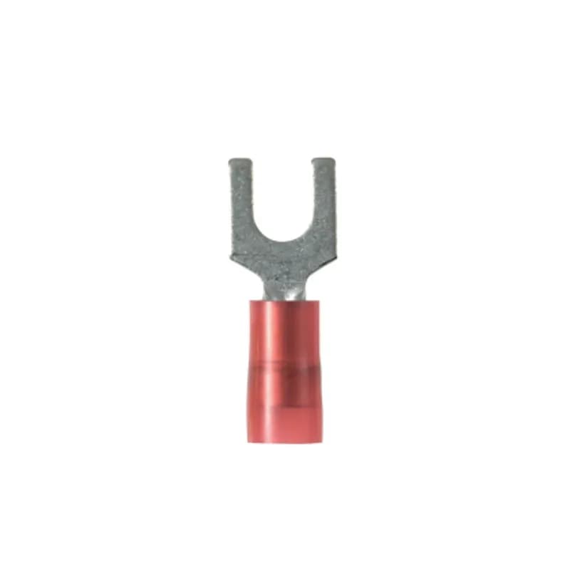 The PN18-8F-C Pan-Term Terminal is a nylon insulated, fork terminal. The metal insulation grip sleeve crimps to wire insulation, providing protection and strain relief to the crimp joint for high vibration applications. Internal barrel serrations assure good wire contact and maximum tensile strength.