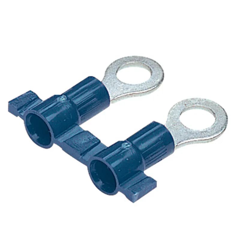 Ring Terminal, narrow tongue, vinyl insulated, funnel entry, plastic insulation crimp, 16 14 AWG wire range, #6 stud size.