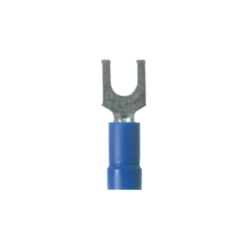 The PV14-8F-C Pan-Term Terminal is a vinyl insulated, fork terminal. Brazed seam protects terminal barrel from splitting during the crimp process. Barrel serrations assure good wire contact and maximum tensile strength.