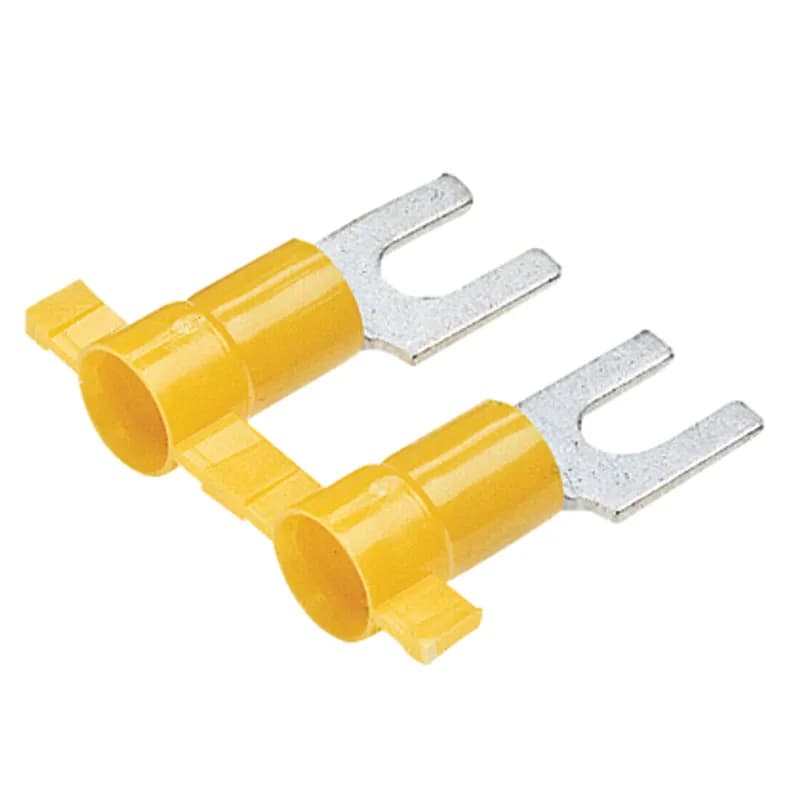 Fork Terminal, vinyl insulated, funnel entry, plastic insulation crimp, 12 - 10 AWG wire range, #8 stud size.