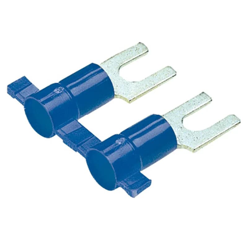 The PV14-8FB-3K Reel Smart Terminal is a continuously molded and vinyl fully insulated fork terminal. The continuously molded design allows for consistent and reliable processing through Panduit applicators. Brazed seam protects terminal barrel from splitting during the crimp process. Internal barrel serrations assure good wire contact and maximum tensile strength.