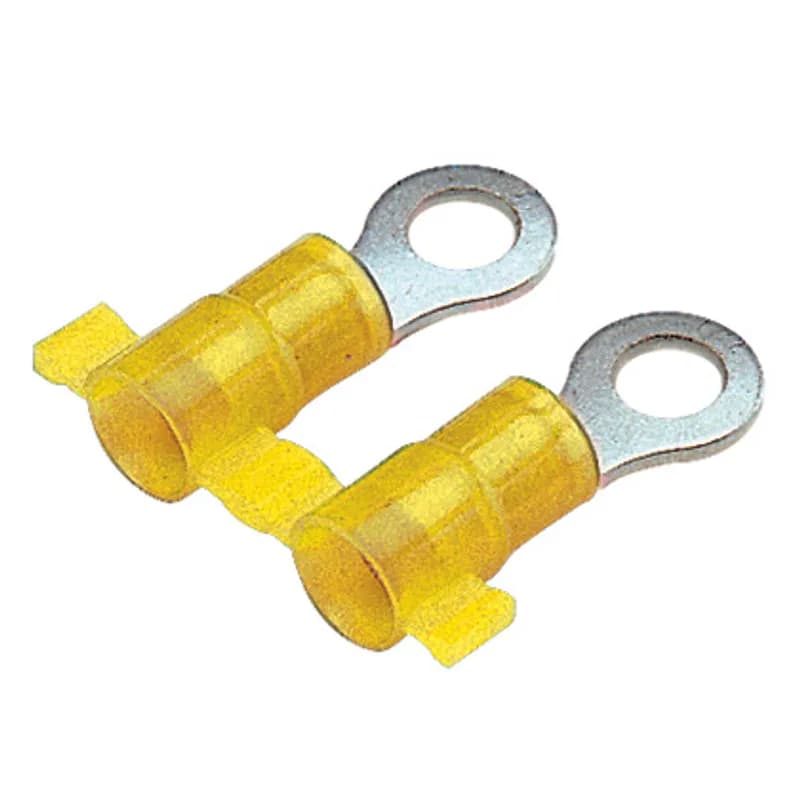 Ring Terminal, nylon insulated, metal sleeve, 12 10 AWG, #10 stud size.