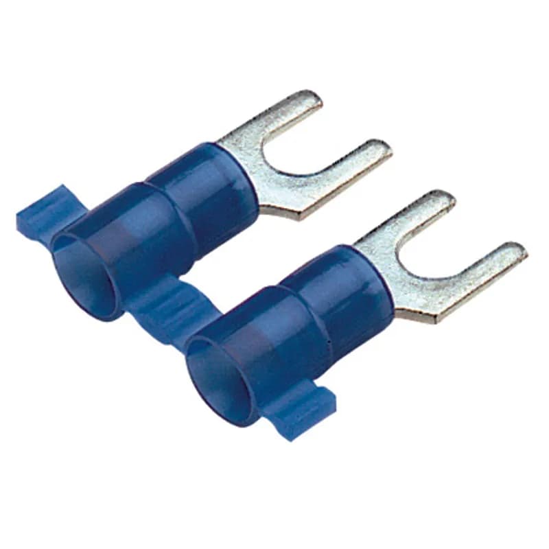 Fork Terminal, nylon insulated, metal insulation grip sleeve, 16 - 14 AWG wire range, #8 stud size.